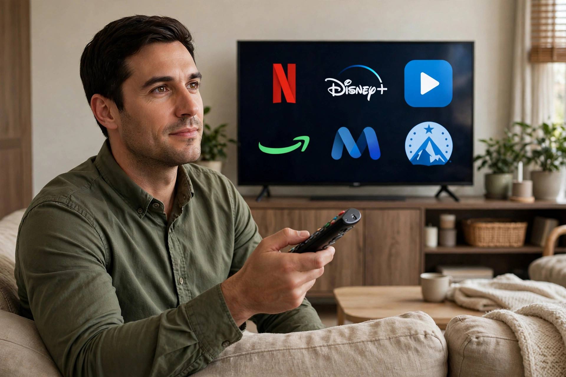 Person holding a TV remote with streaming service logos on a television screen in the background