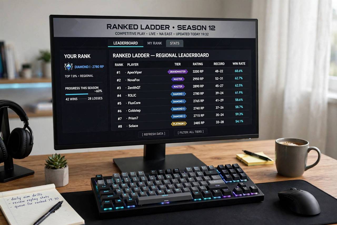 A competitive gaming monitor showing a ranked ladder leaderboard with player tiers