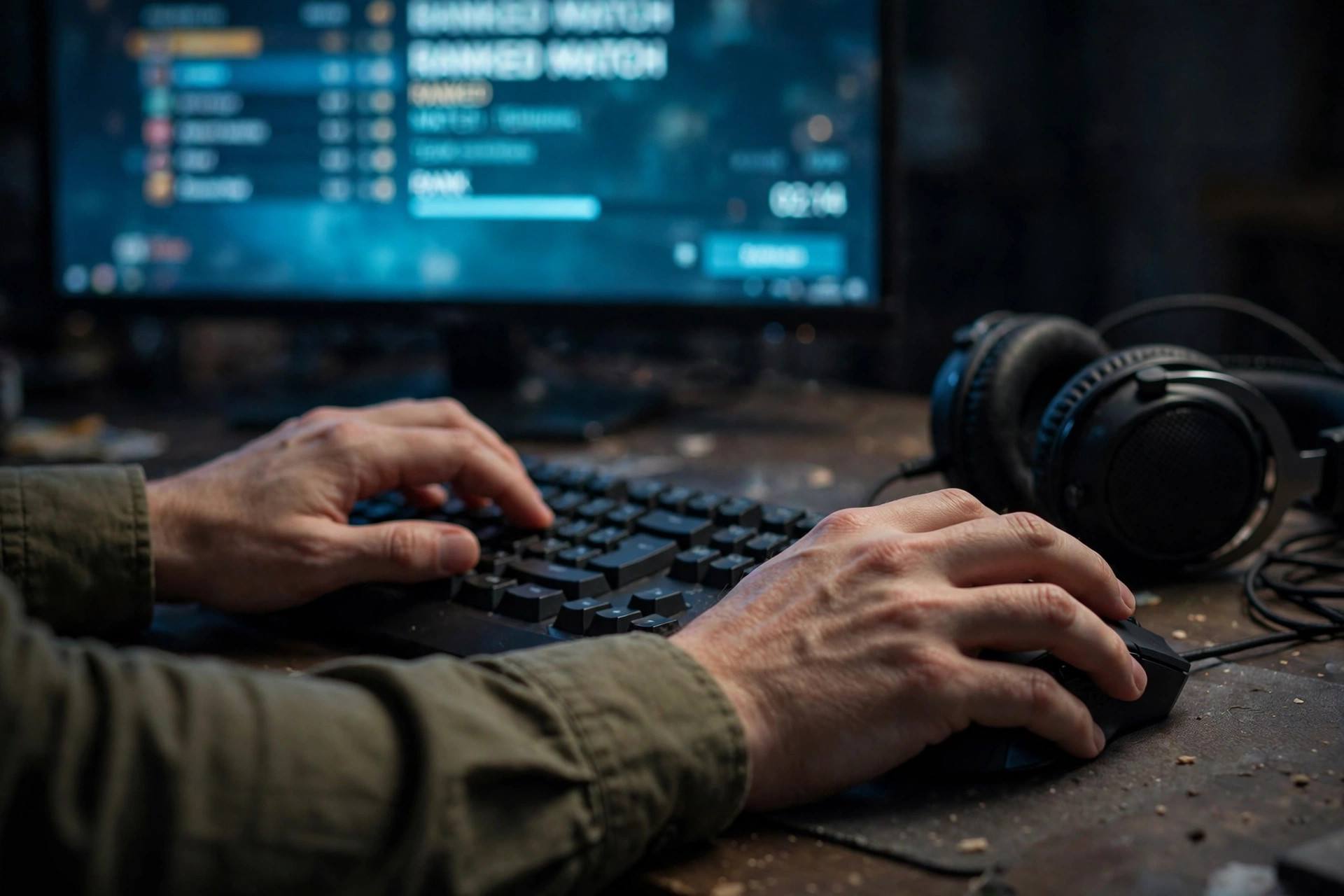 Hands on a keyboard and mouse during an intense ranked match with a headset nearby