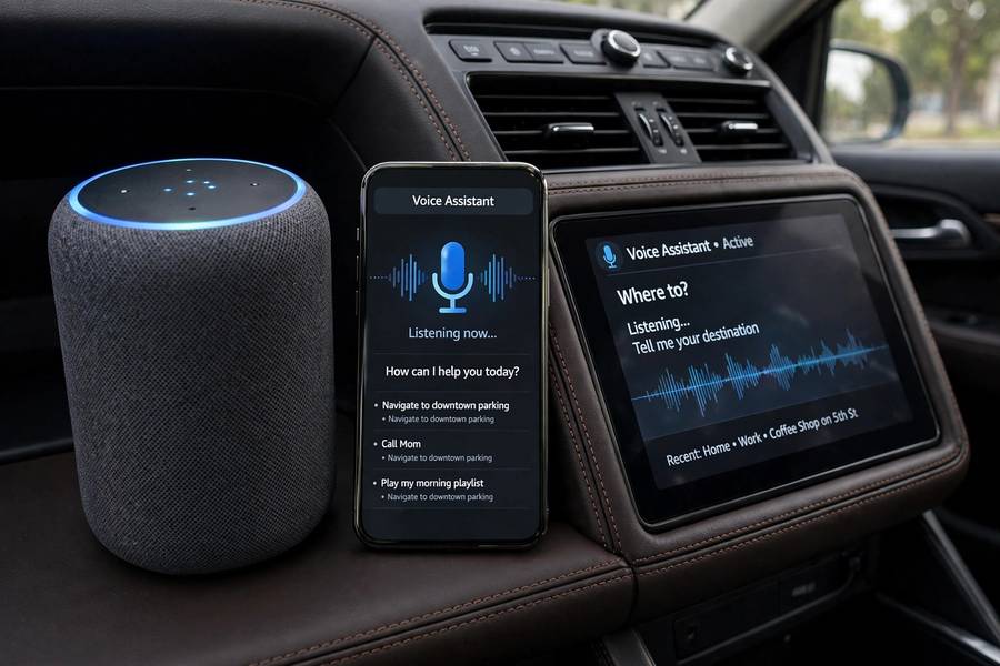 Voice assistants processing speech across smart speaker, phone, and car