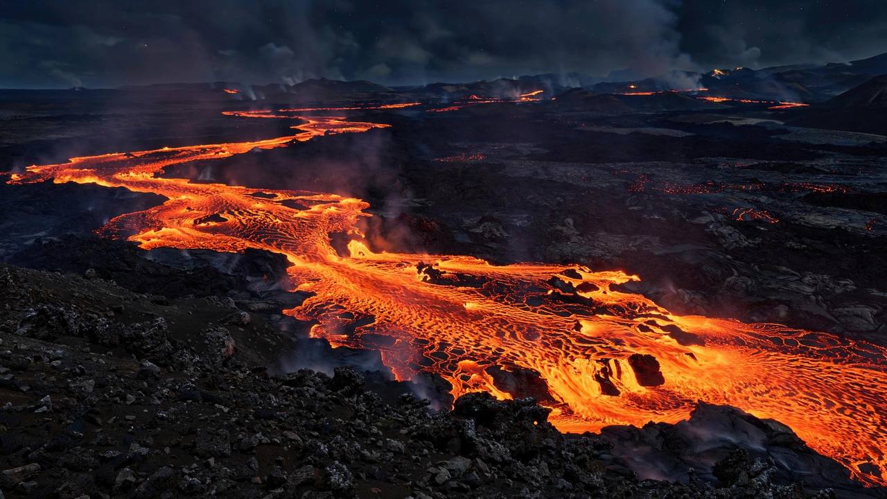 River of glowing lava flowing across dark volcanic ground at night