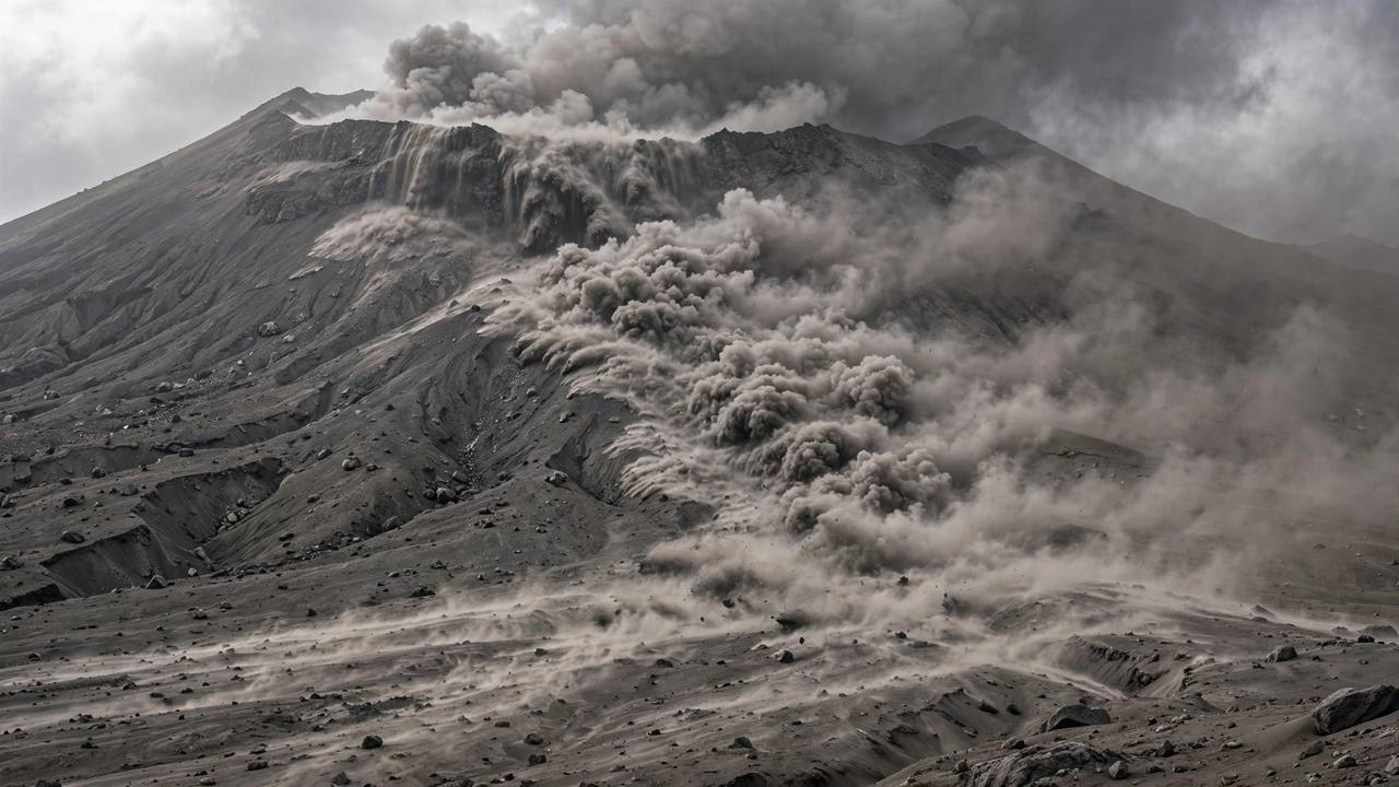 Pyroclastic flow of grey ash rushing down a volcano slope