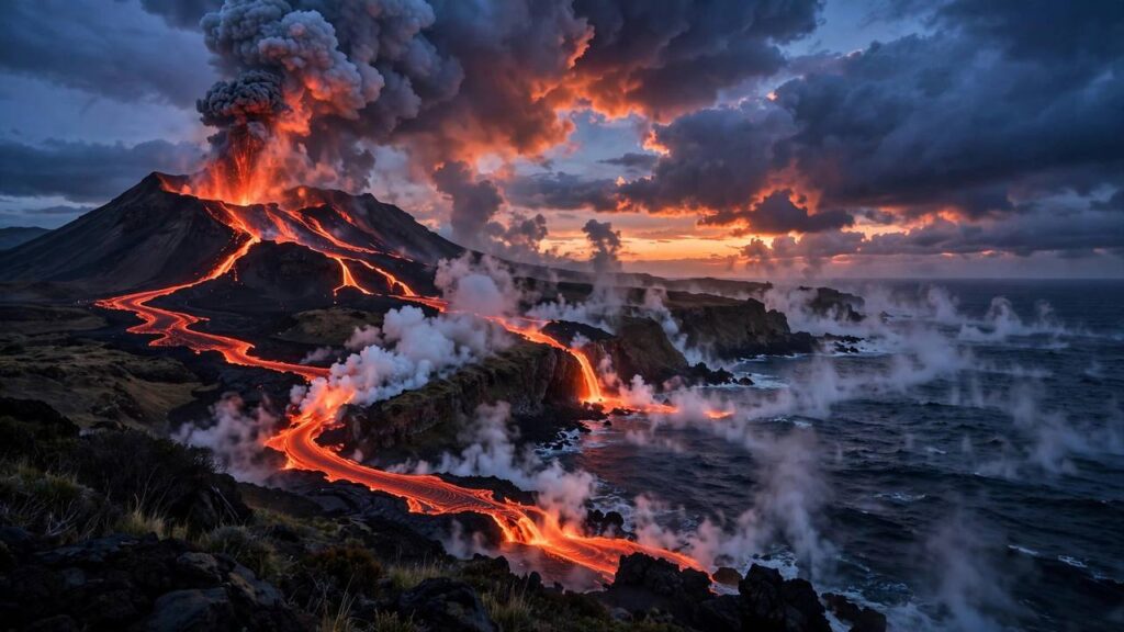 Volcano erupting on a coastline at dusk with lava flowing into the ocean