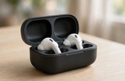 Wireless earbuds in an open charging case on a wooden desk — how wireless earbuds work, featured image