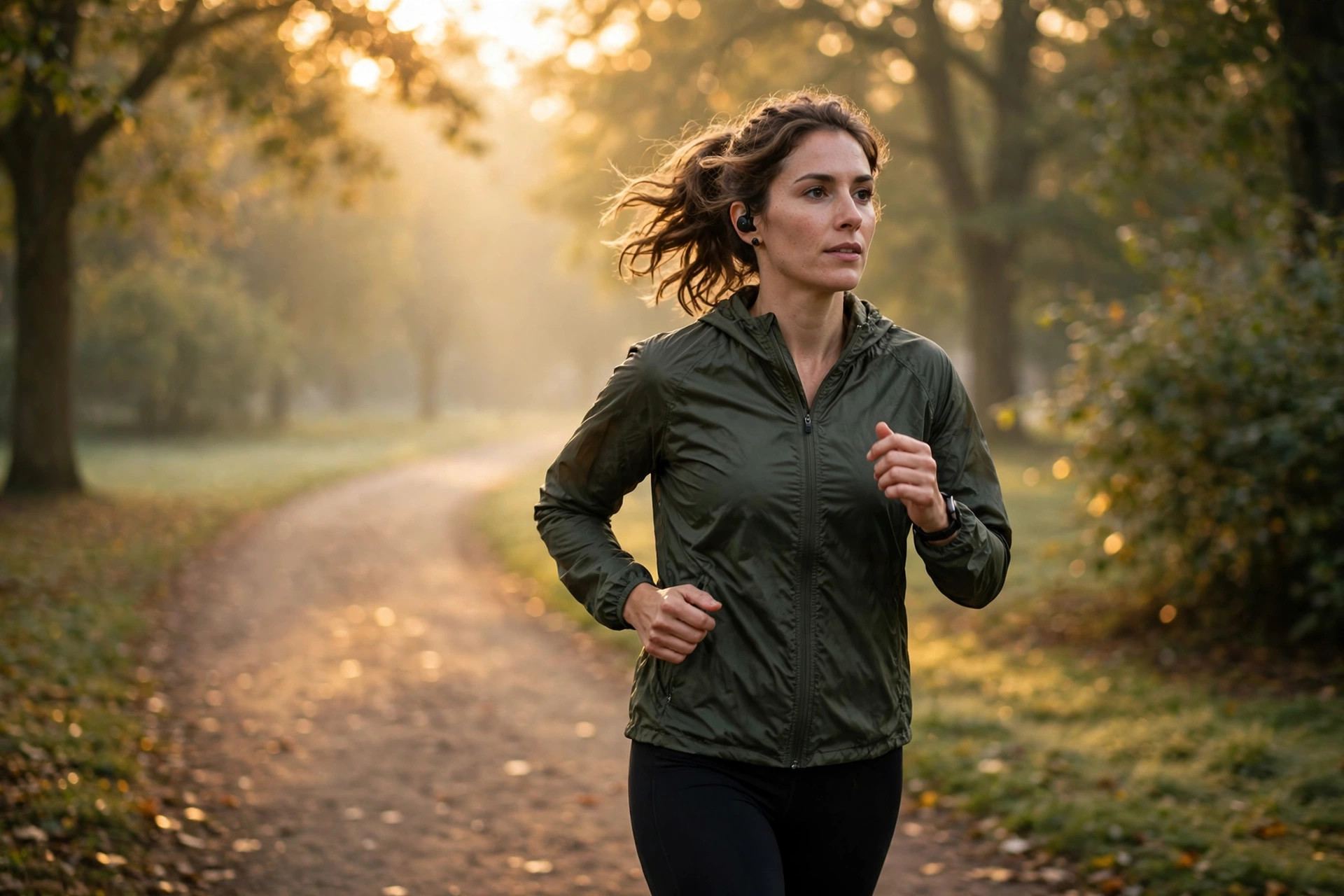 Runner wearing wireless earbuds on a park path at sunrise — real-world use of wireless earbuds