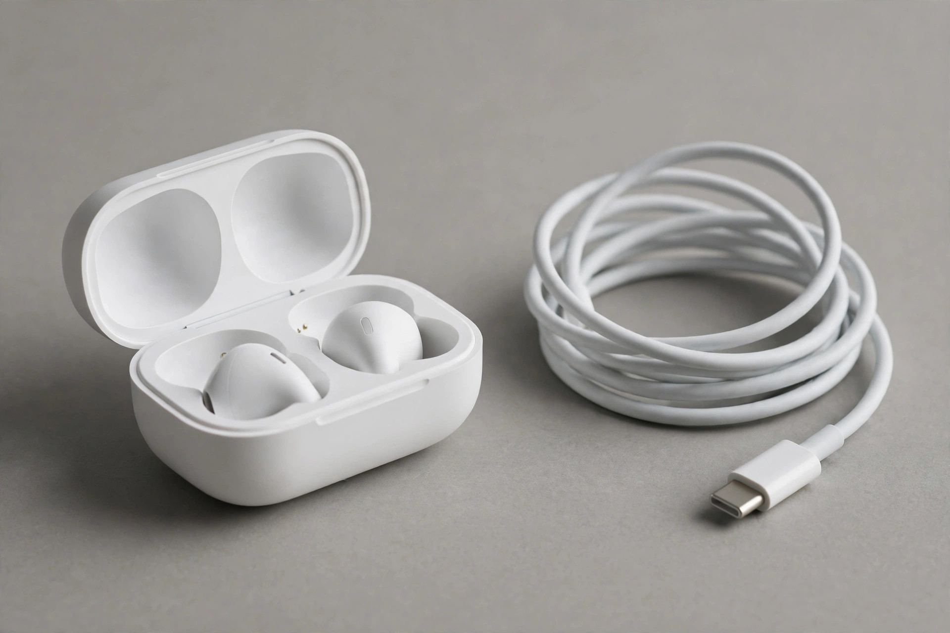 Open earbud charging case beside a coiled charging cable — how the wireless earbuds charging case works