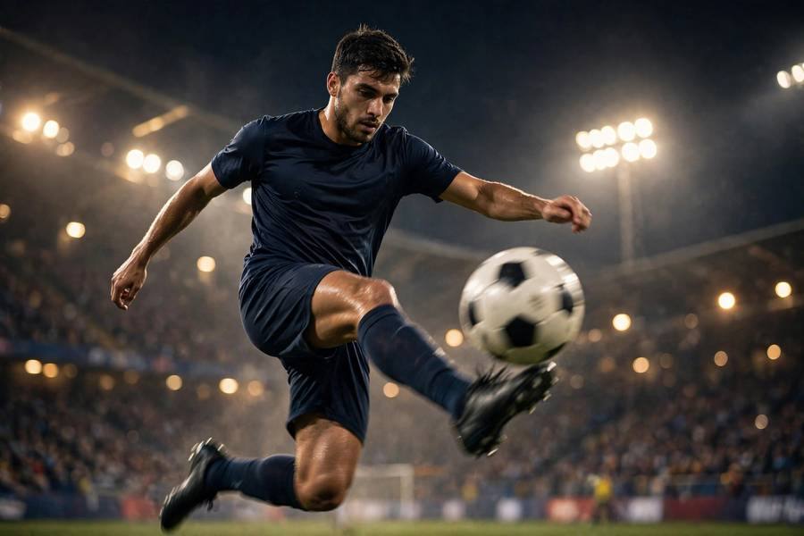 Footballer striking a ball during a night qualifier under stadium lights