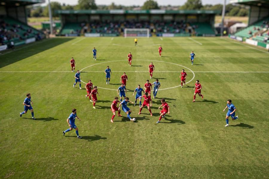 Tactical view of a football pitch with players contesting the ball