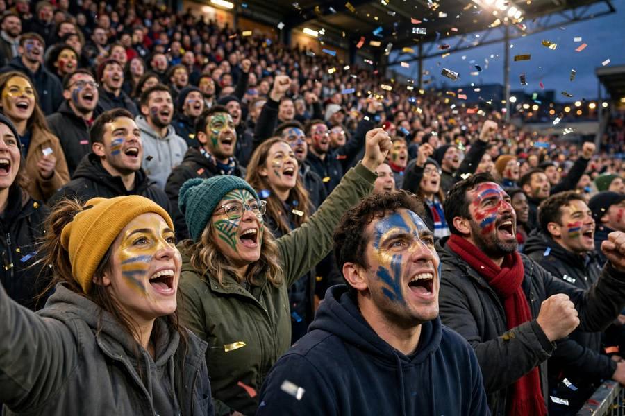 Supporters with painted faces cheering in a packed stadium during qualifiers
