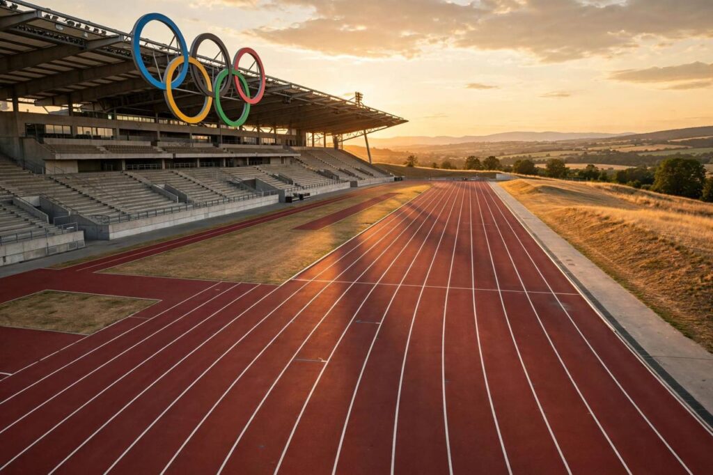 Olympic stadium with track and rings visible during an athletics qualifying event