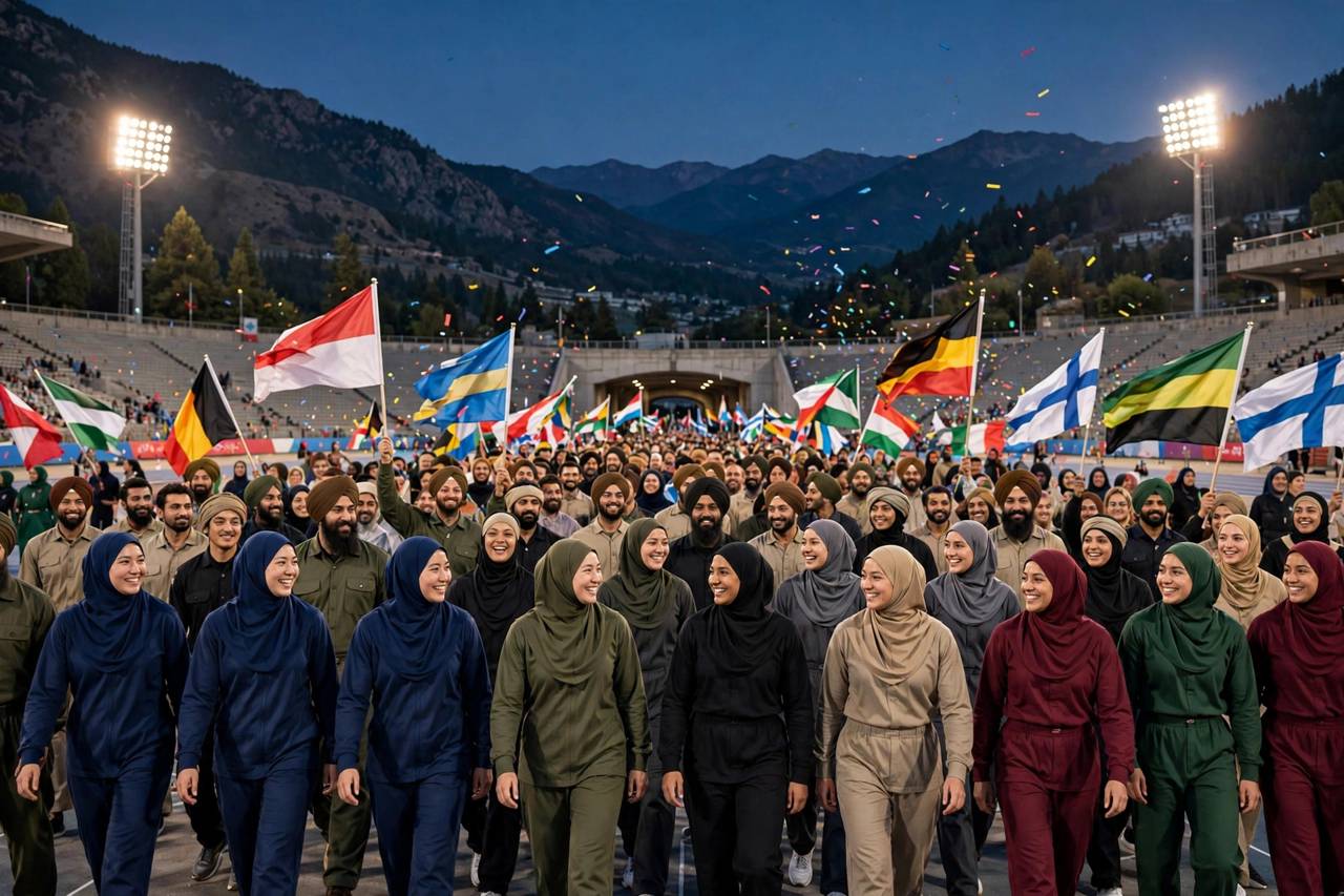 Athletes from many nations marching together at an Olympic opening ceremony