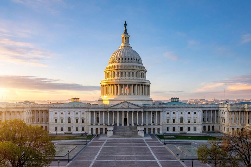 United States Capitol building at sunrise in Washington DC