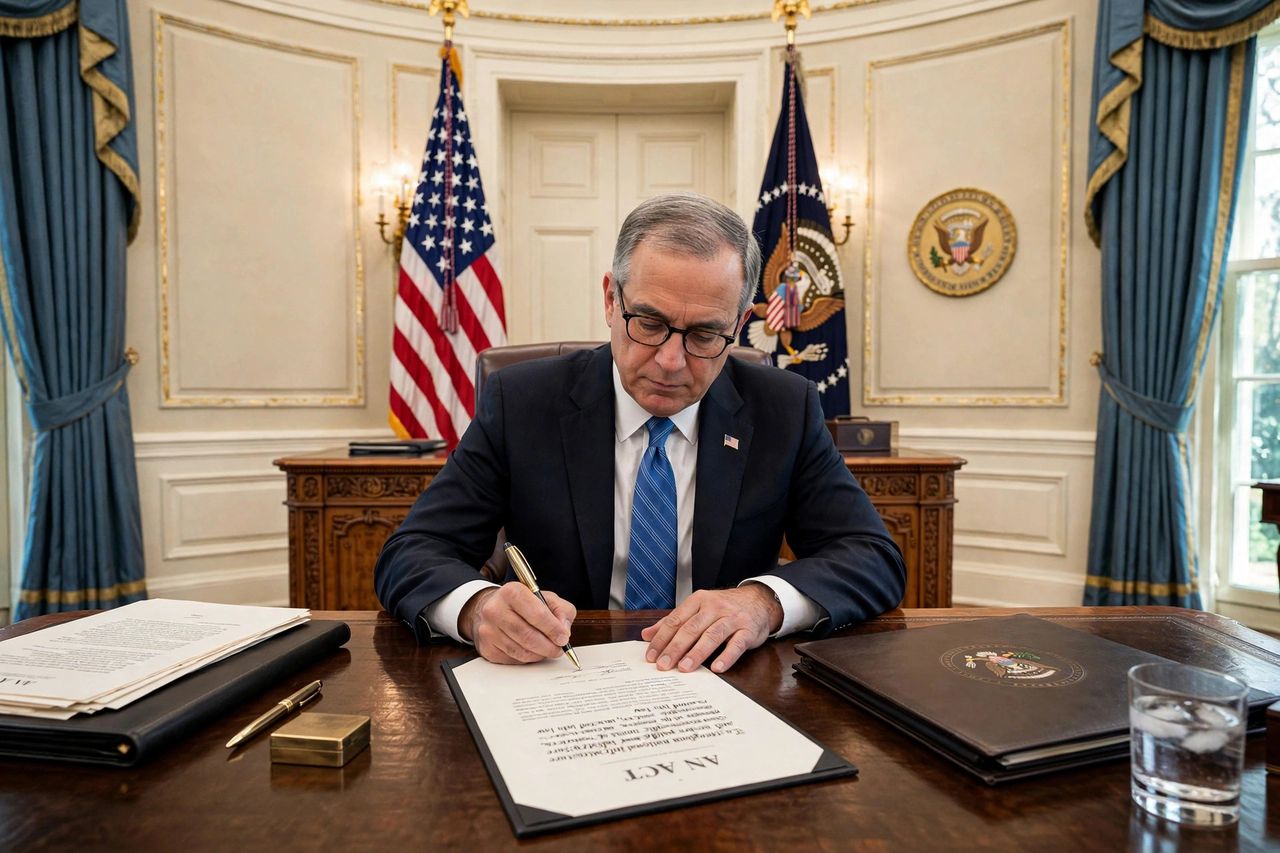 President signing a bill into law at the Resolute Desk