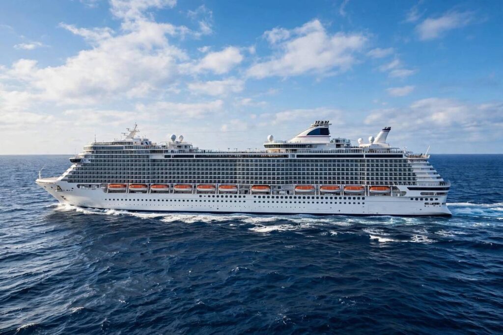 Massive cruise ship sailing on open ocean water