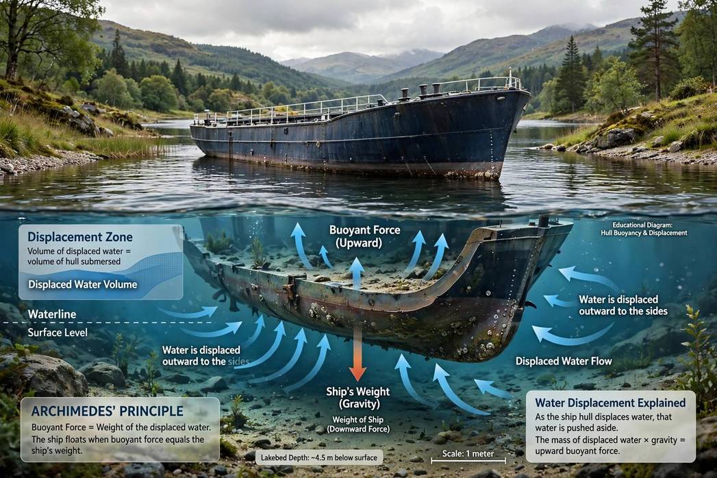 Diagram showing water displacement under a ship's hull