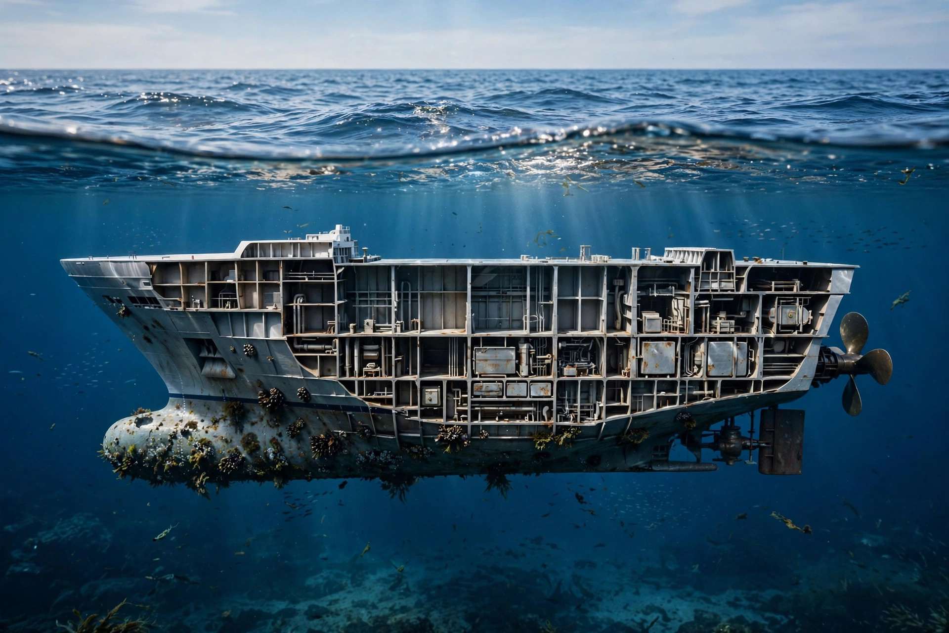 Cross-section view of a cruise ship hull below the waterline