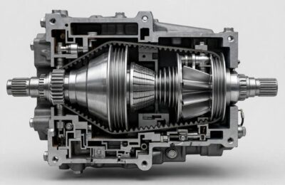 Cutaway view of a CVT gearbox with variable pulleys and steel belt