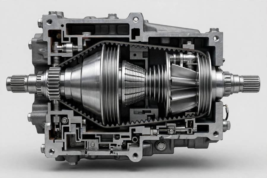 Cutaway view of a CVT gearbox with variable pulleys and steel belt