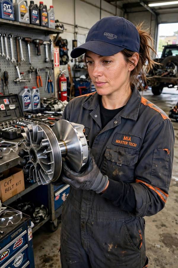 Mechanic holding a CVT variator pulley assembly in a workshop