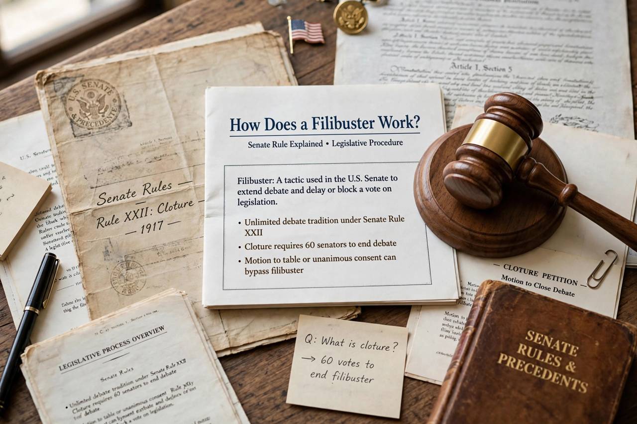 Historic documents and gavel symbolizing Senate legislative procedure