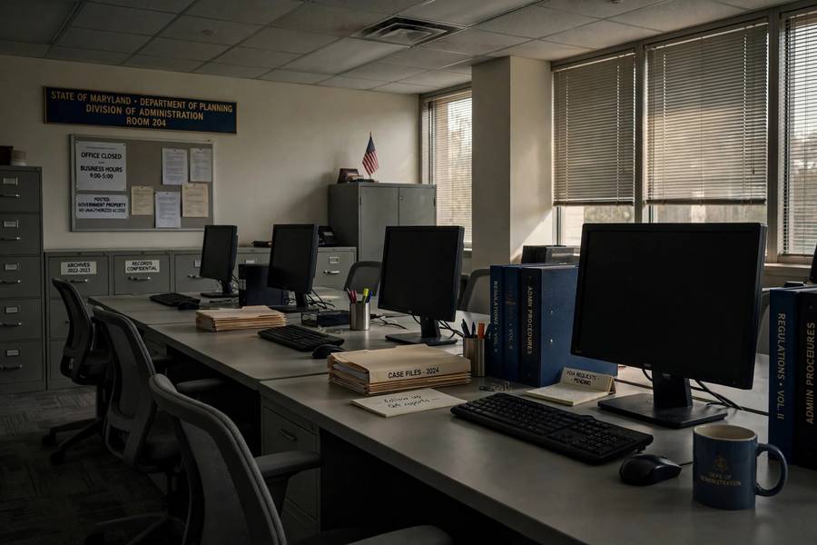 Empty desks in a dark federal office during a government shutdown furlough