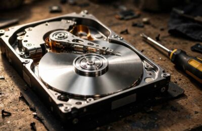 Opened hard drive revealing the platter and read-write arm that show how does a hard drive work