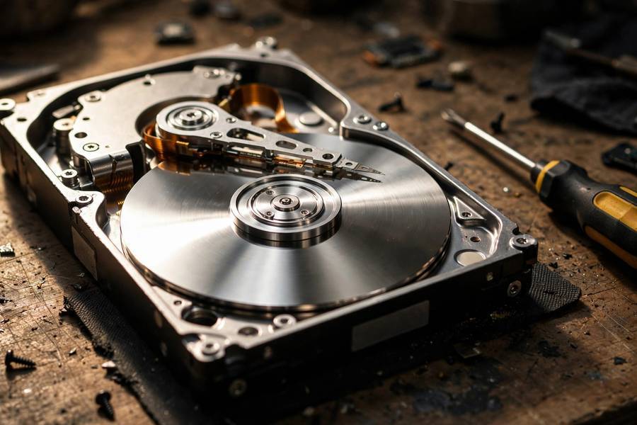 Opened hard drive revealing the platter and read-write arm that show how does a hard drive work