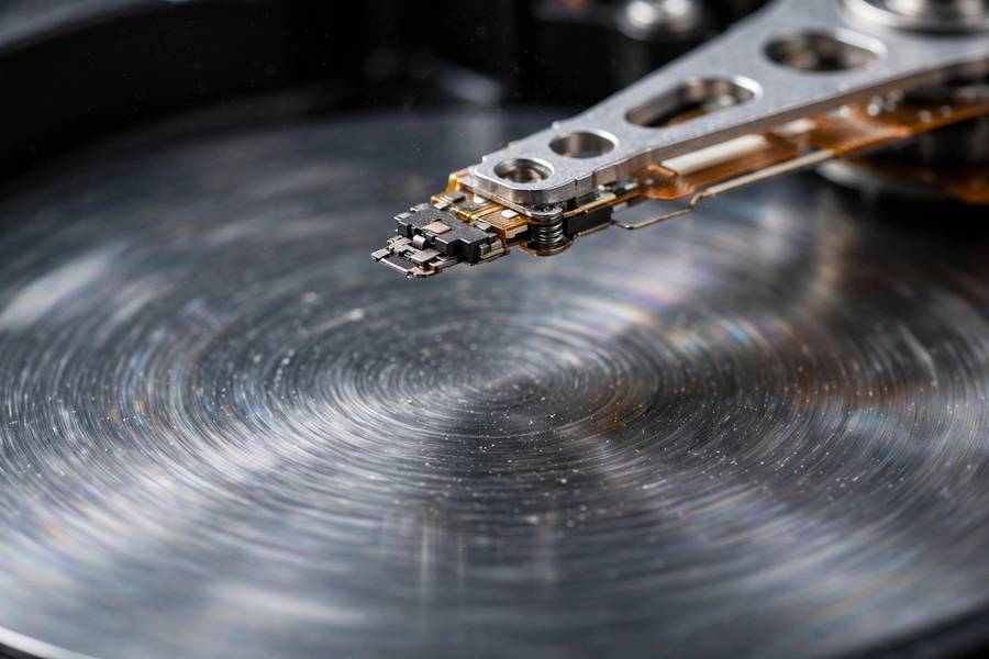 Close-up of the read-write head floating above the platter inside a hard drive
