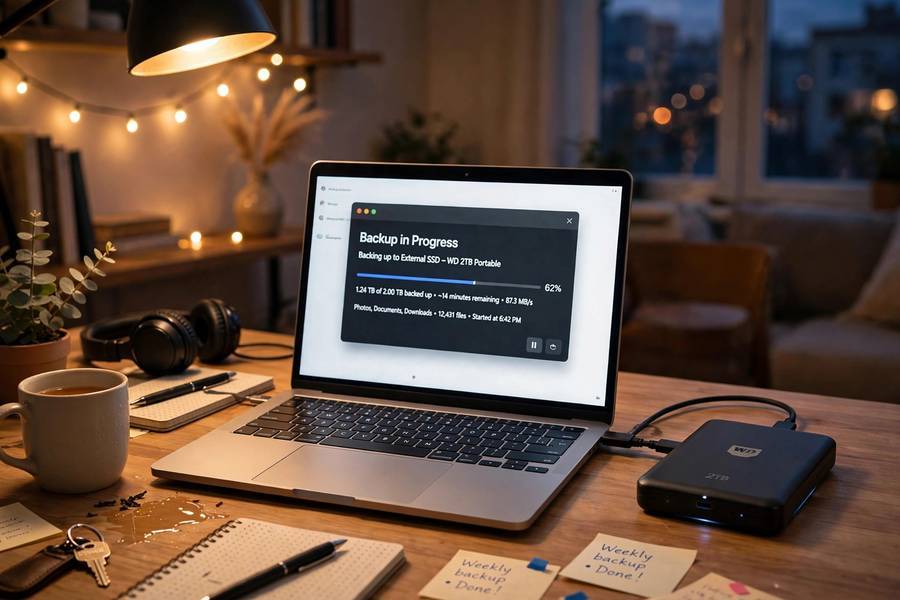 External hard drive connected to a laptop during a backup