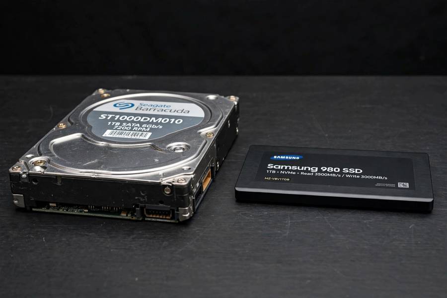 Side-by-side comparison of an HDD and SSD showing how does a hard drive work versus solid state storage