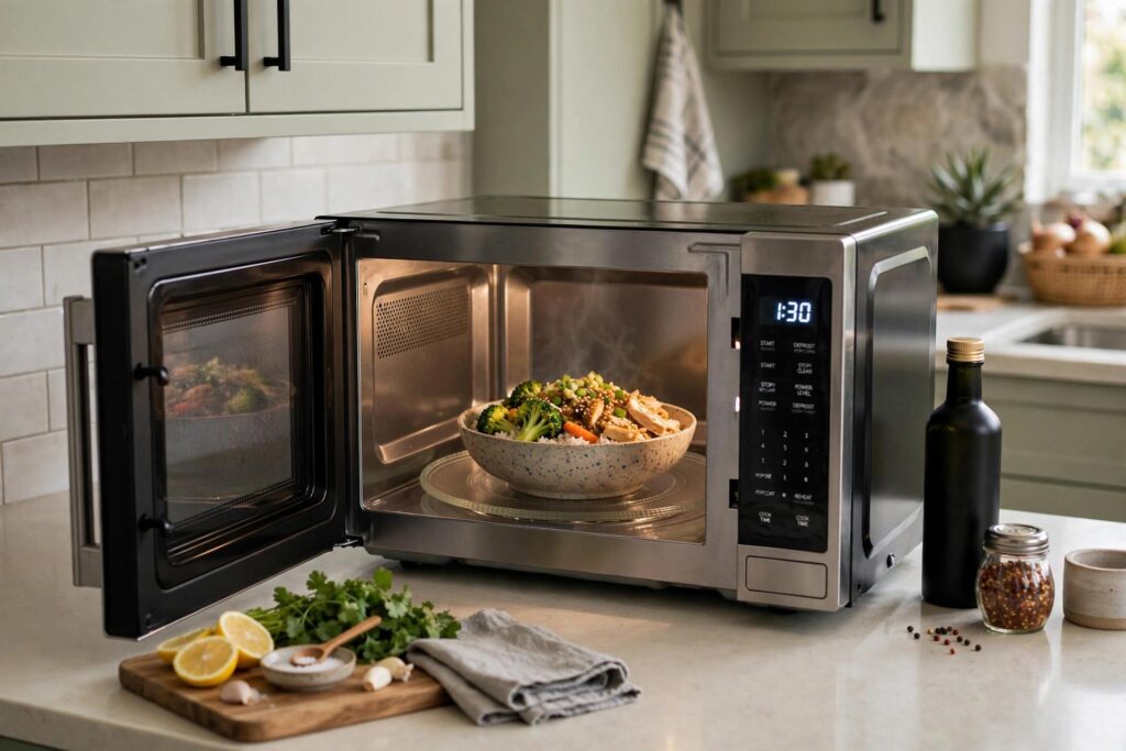 Microwave oven with the door open and food inside on the turntable