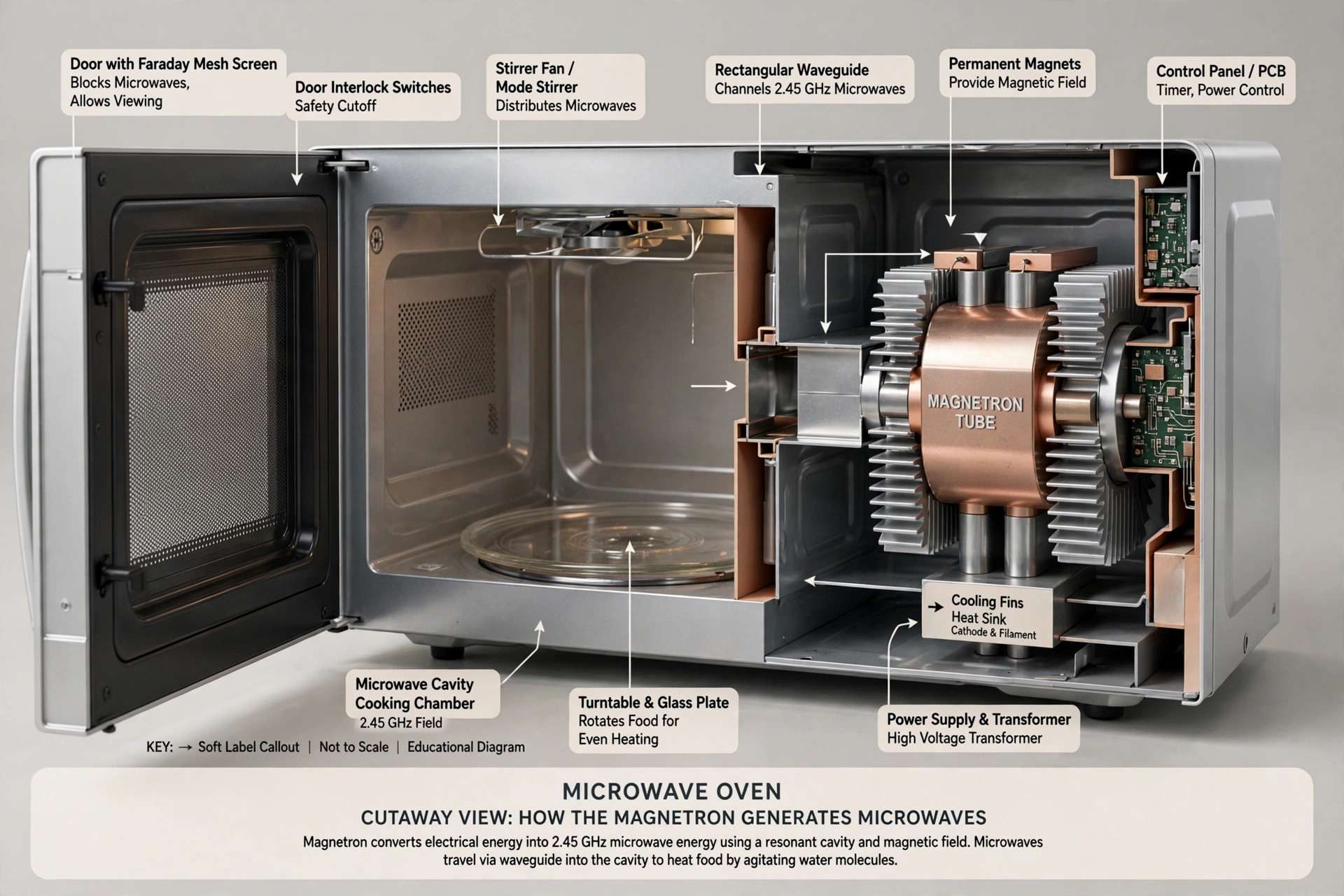 Diagram of a magnetron tube inside a microwave oven