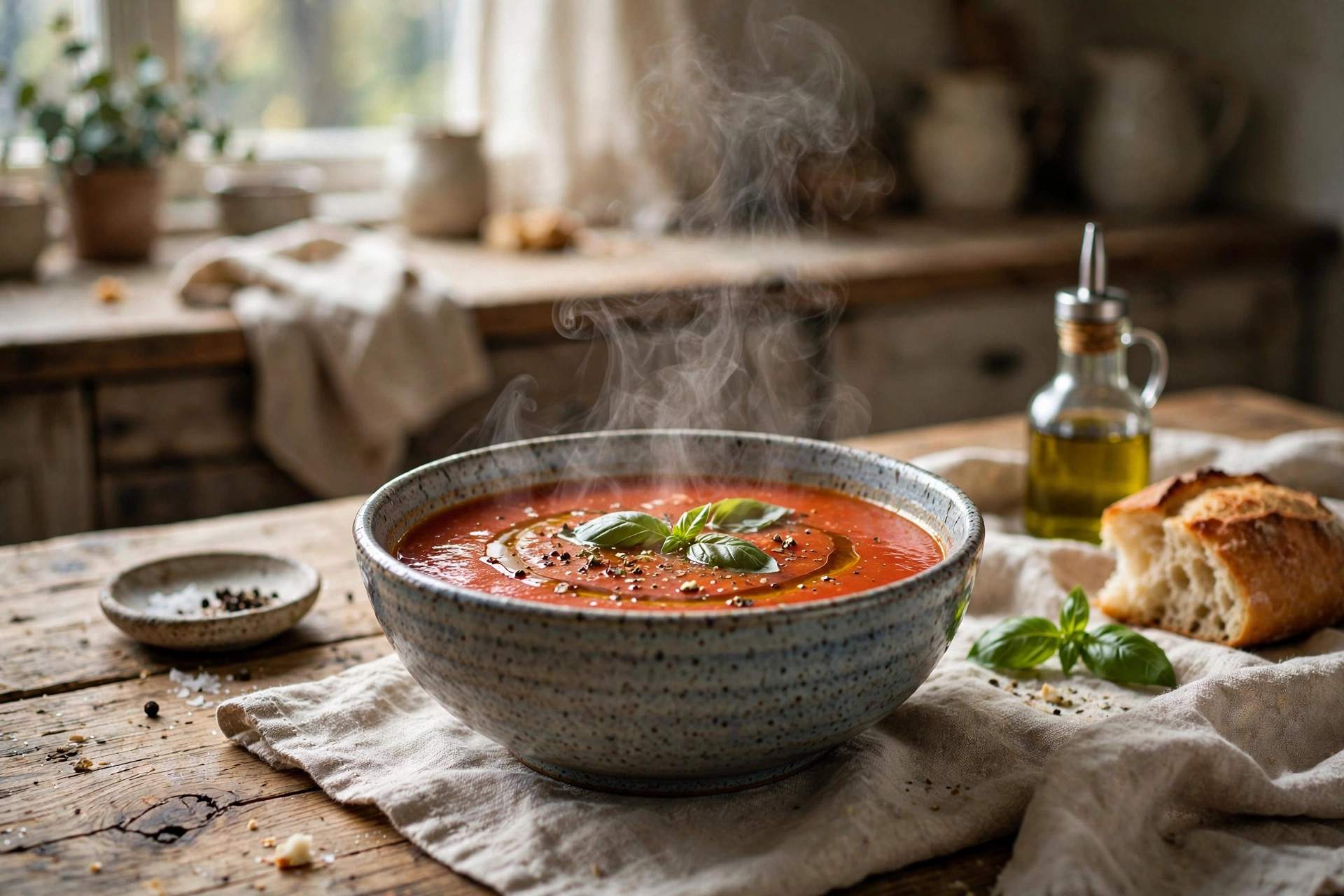 Bowl of soup steaming after being heated in a microwave
