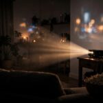 How Does a Projector Work? Movie Night, Explained Living room at night with a projector beam throwing a movie onto the wall — how a projector works, featured image