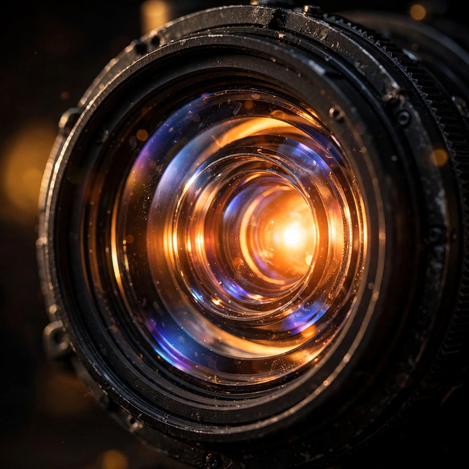 Close-up of a glowing projector lens in a dark room — projector lens detail