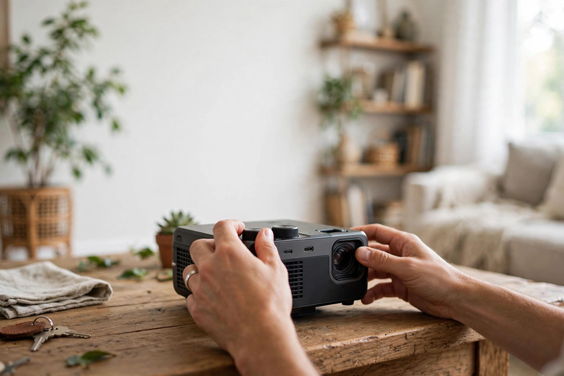 Hands adjusting a compact projector on a coffee table — how to set up a projector