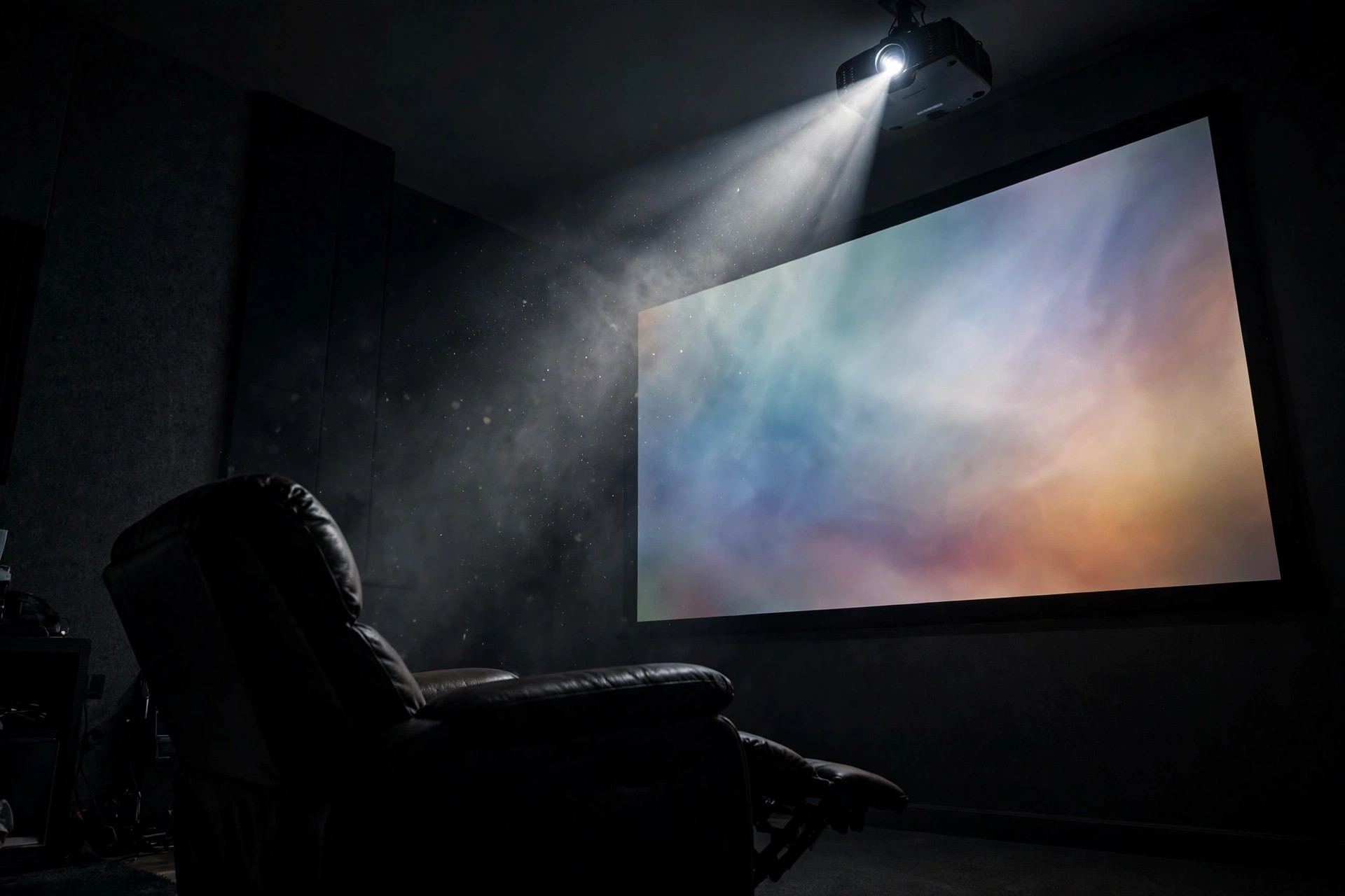 Home theater corner with projector beam cutting through darkness — projector vs TV home cinema
