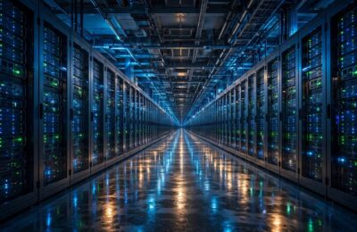 Server racks with blinking lights in a data center corridor — the machinery behind how a search engine works