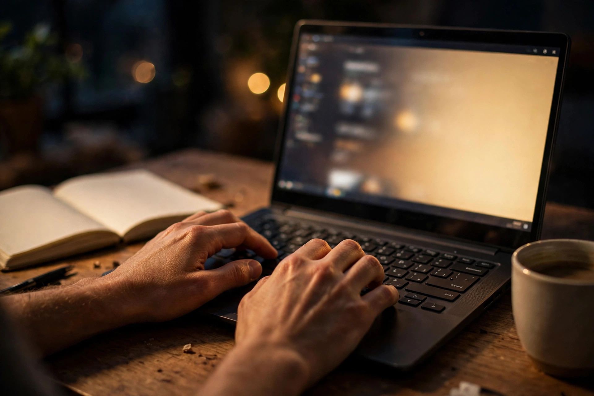 Hands typing a search query on a laptop in a cozy home office — how a search engine works from the user's side
