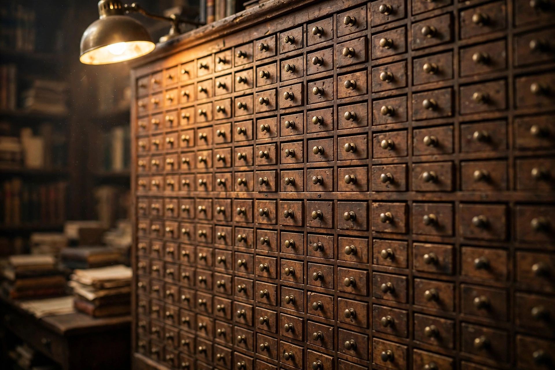 Vintage library card catalog cabinet, an analogy for how a search engine indexes billions of web pages