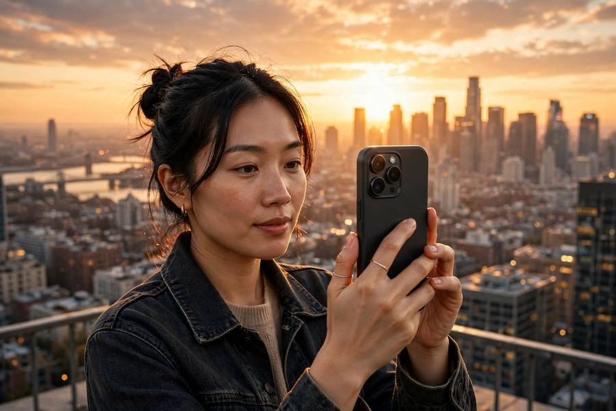 Using a smartphone camera at sunset showing how a smartphone works as a camera
