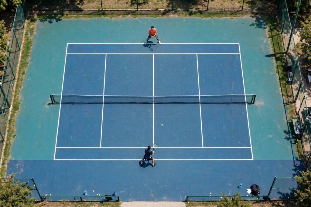 Overhead view of a tennis court with players at the baseline during a competitive match