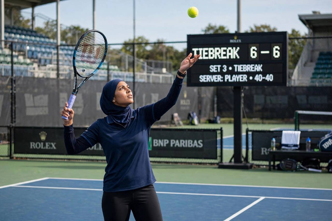 Tennis player serving on a hard court during a tiebreak, ball toss frozen mid-air