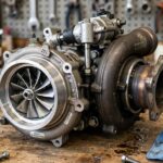 How Does a Turbocharger Work? A Mechanic Explains Forced Induction A turbocharger unit on a workbench showing the turbine housing