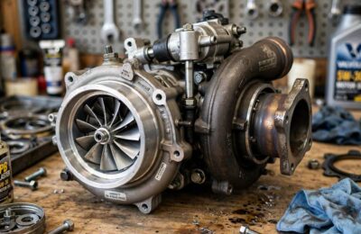A turbocharger unit on a workbench showing the turbine housing