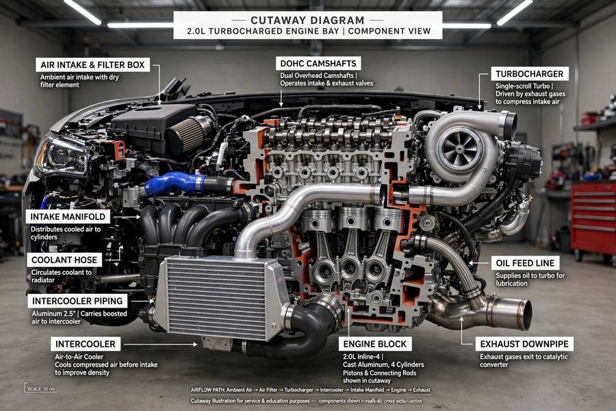 A car engine bay with visible turbocharger and intercooler piping