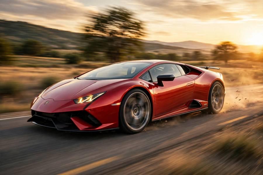 A turbocharged sports car accelerating on an open road