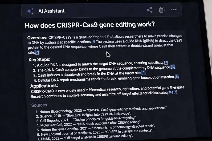 AI search answer with numbered citation links on a laptop screen