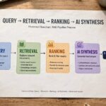 A flowchart showing a query moving through retrieval, ranking, and AI synthesis stages
