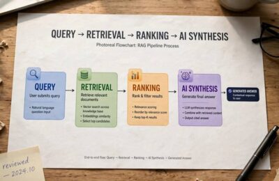A flowchart showing a query moving through retrieval, ranking, and AI synthesis stages